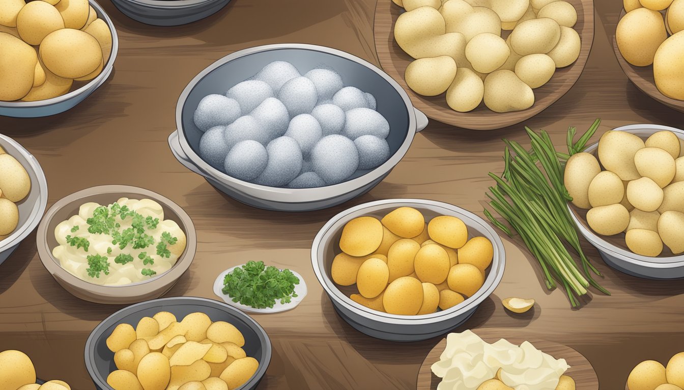 A steaming plate of fresh and frozen potatoes side by side, showcasing their different textures and colors, with a focus on their taste and cooking convenience