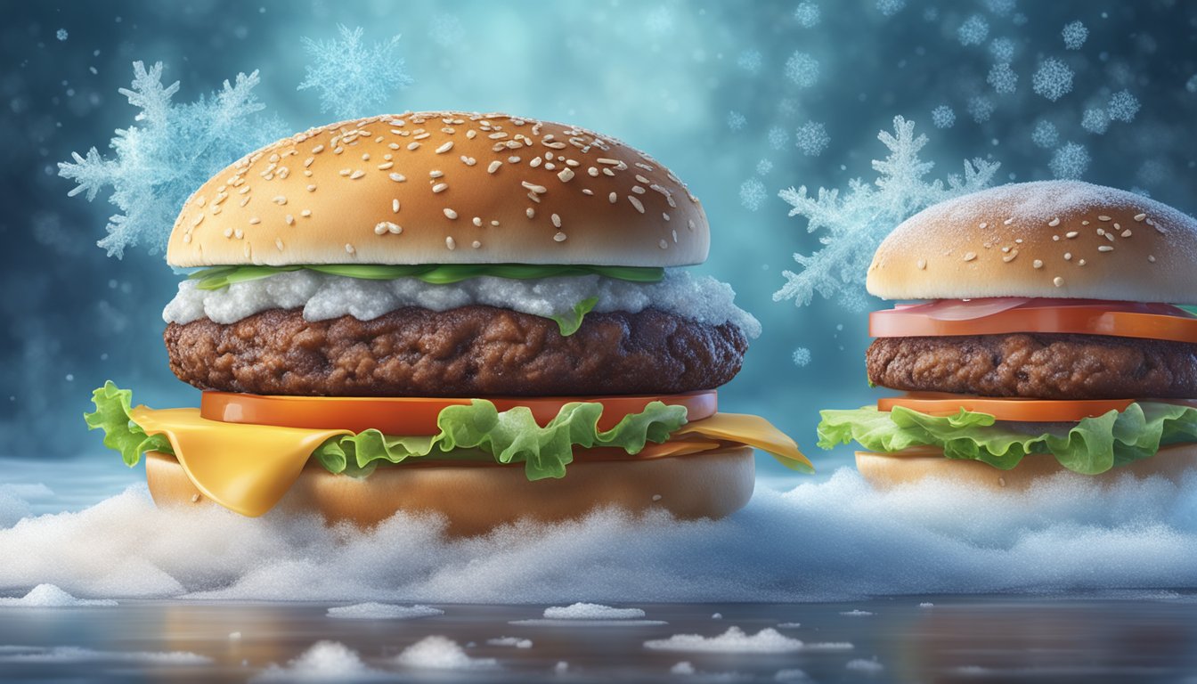 Two burgers side by side, one fresh and vibrant, the other frozen and dull. Steam rises from the fresh burger, while ice crystals cling to the frozen one