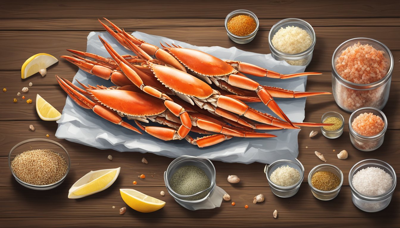 A pile of frozen and fresh crab legs sit side by side on a rustic wooden table, surrounded by scattered crab shells and a variety of seasoning jars