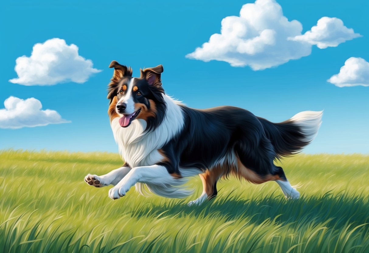 A collie dog running through a grassy field with a bright blue sky and fluffy white clouds above