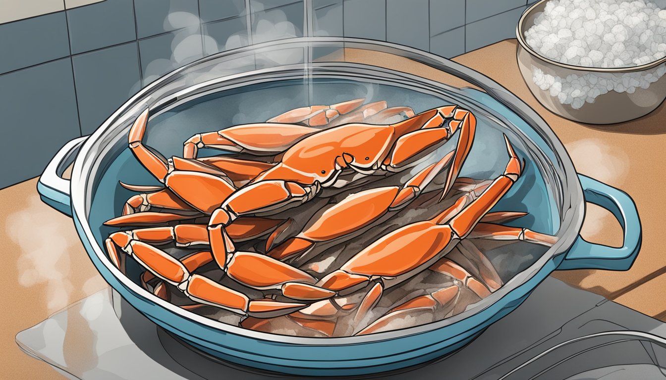 A steaming pot of fresh crab legs sits next to a pile of frozen crab legs on a kitchen counter. The contrast in temperature and texture is evident