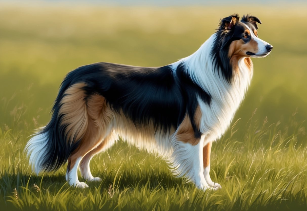 A collie dog standing proudly in a grassy field, with its long, flowing coat catching the sunlight as it looks off into the distance