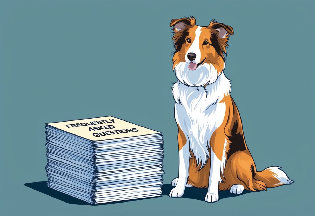 A Collie dog sitting next to a stack of papers labeled "Frequently Asked Questions."