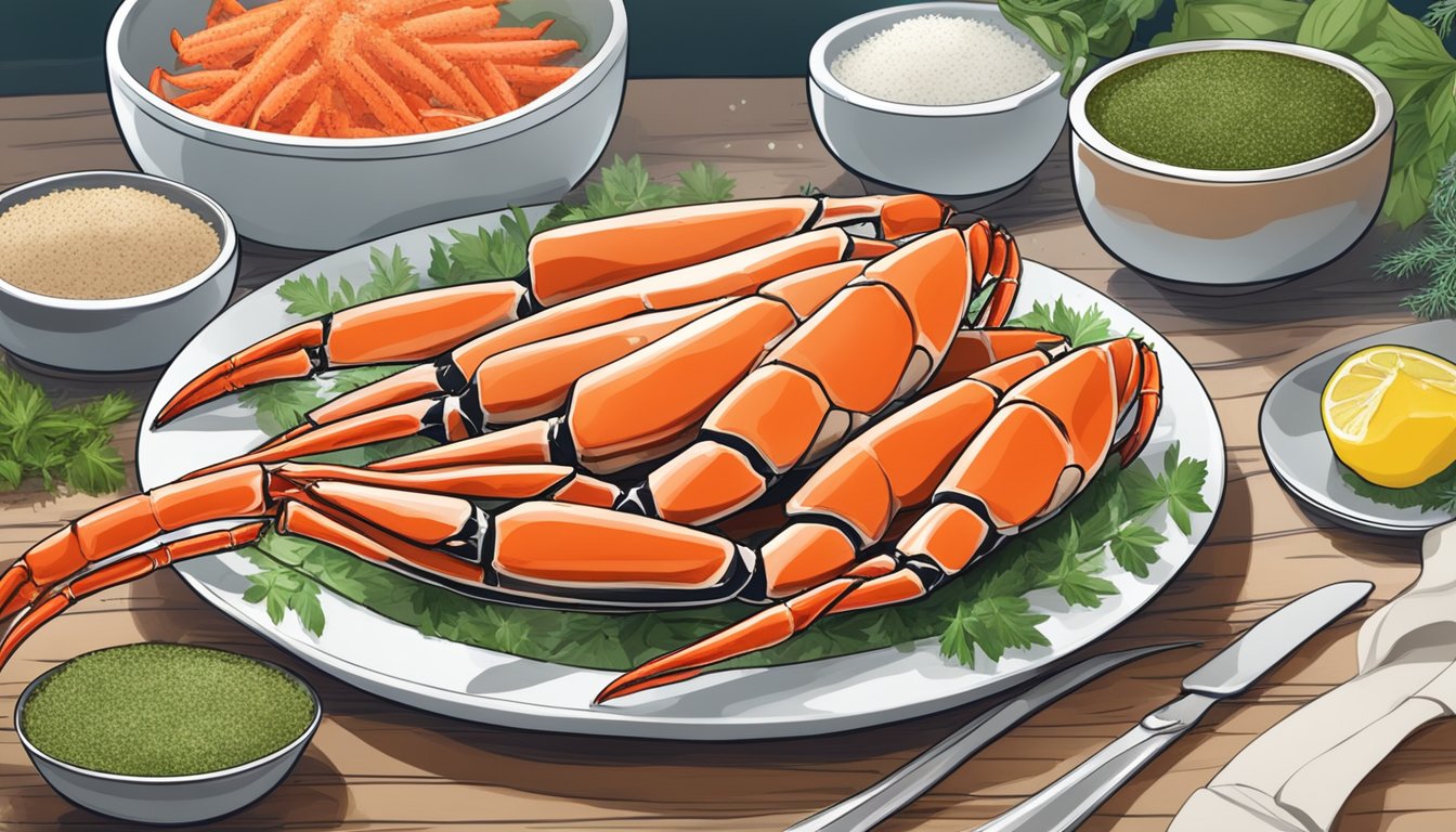 A table with a plate of fresh crab legs next to a plate of frozen crab legs, surrounded by various herbs and spices