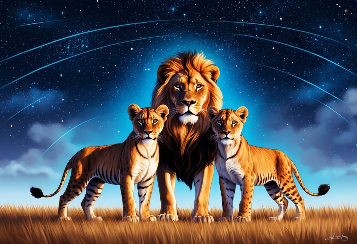 A lion and a pair of twins stand together under a starry sky, their energies in perfect harmony