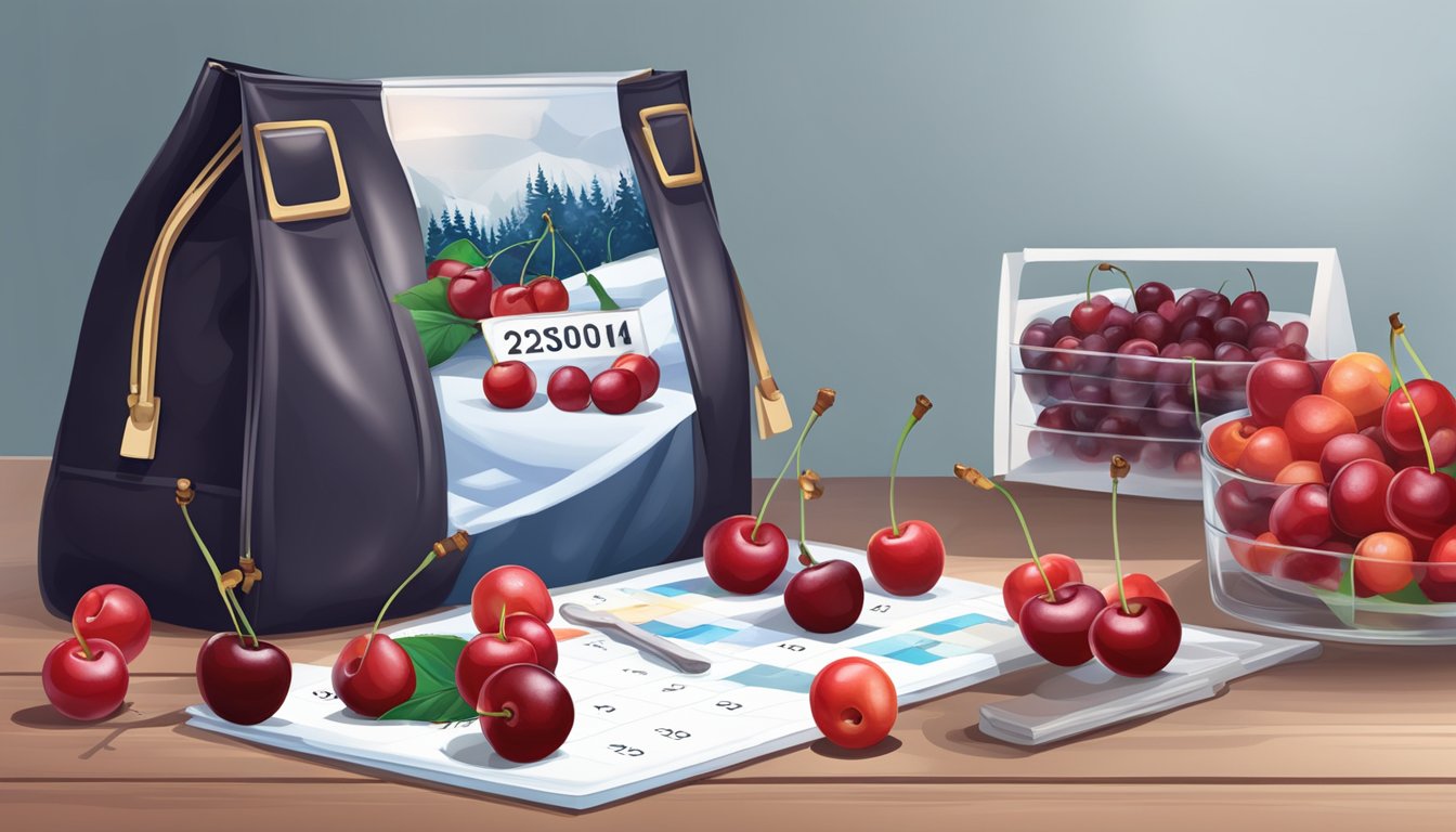 A pile of fresh cherries next to a bag of frozen cherries, with a calendar showing different seasons in the background