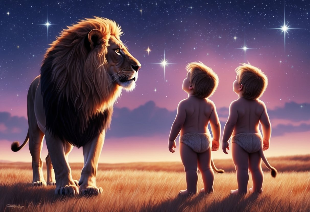 A lion and a pair of twins stand side by side, gazing at the stars