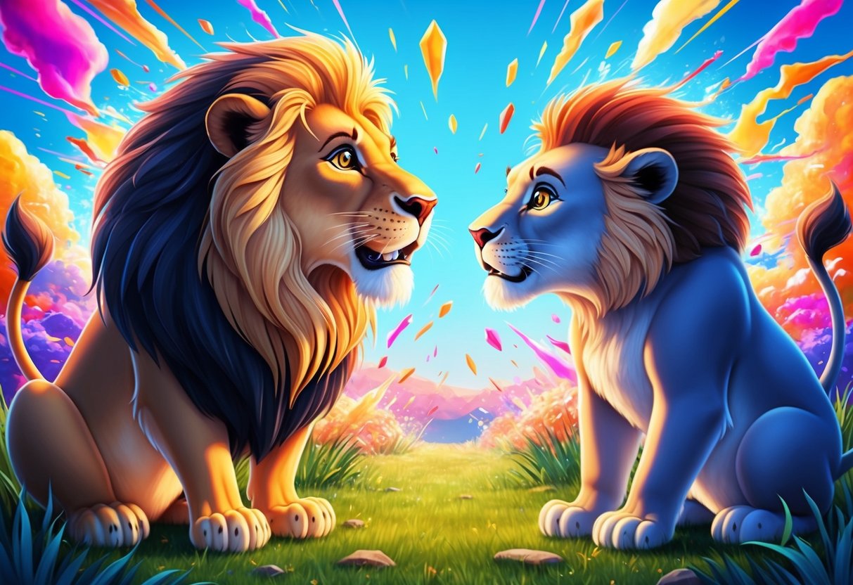 A lively and animated conversation between a confident lion and a curious twin, surrounded by vibrant and dynamic energy