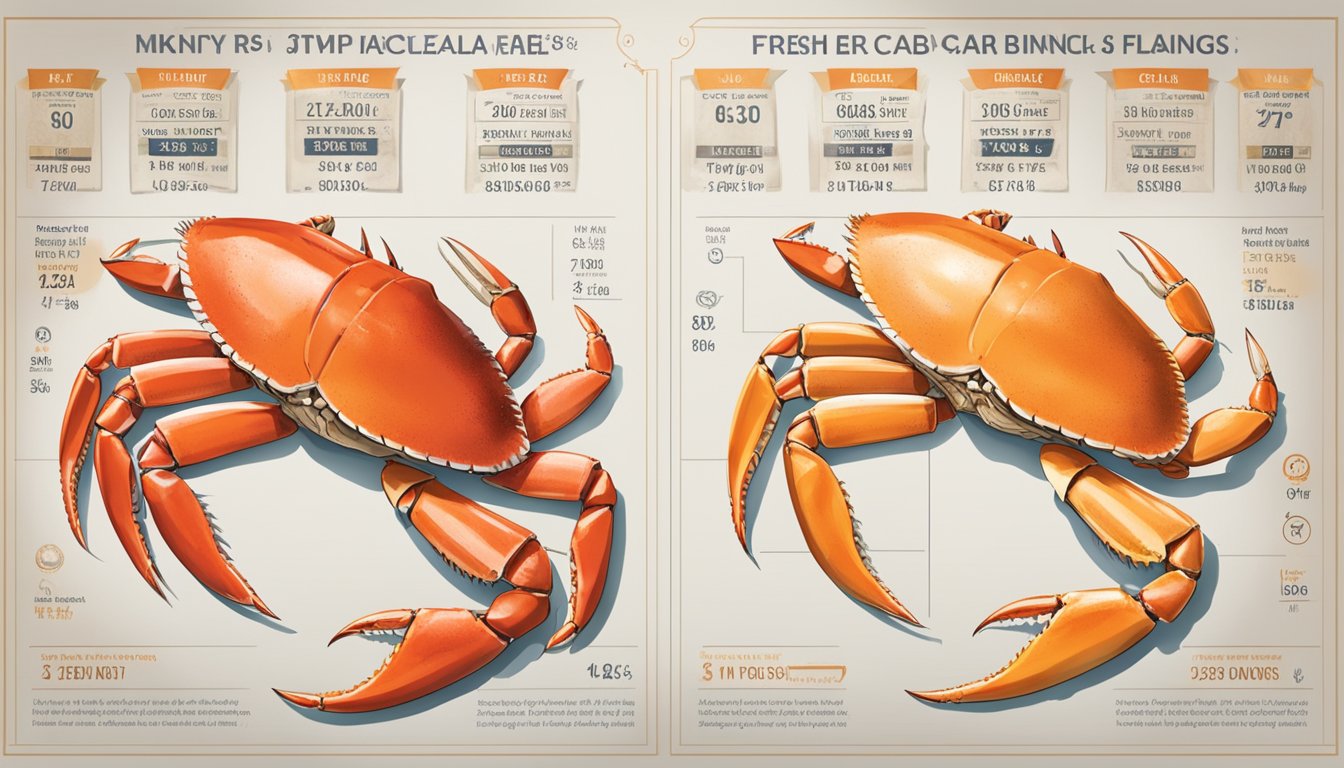 A comparison of fresh and frozen crab legs, with price tags and flavor ratings displayed