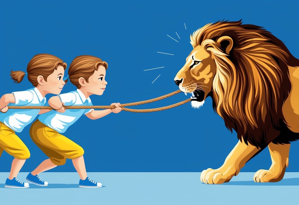 A lion and a pair of twins face off in a tug-of-war, representing the strengths and challenges of Leo and Gemini compatibility