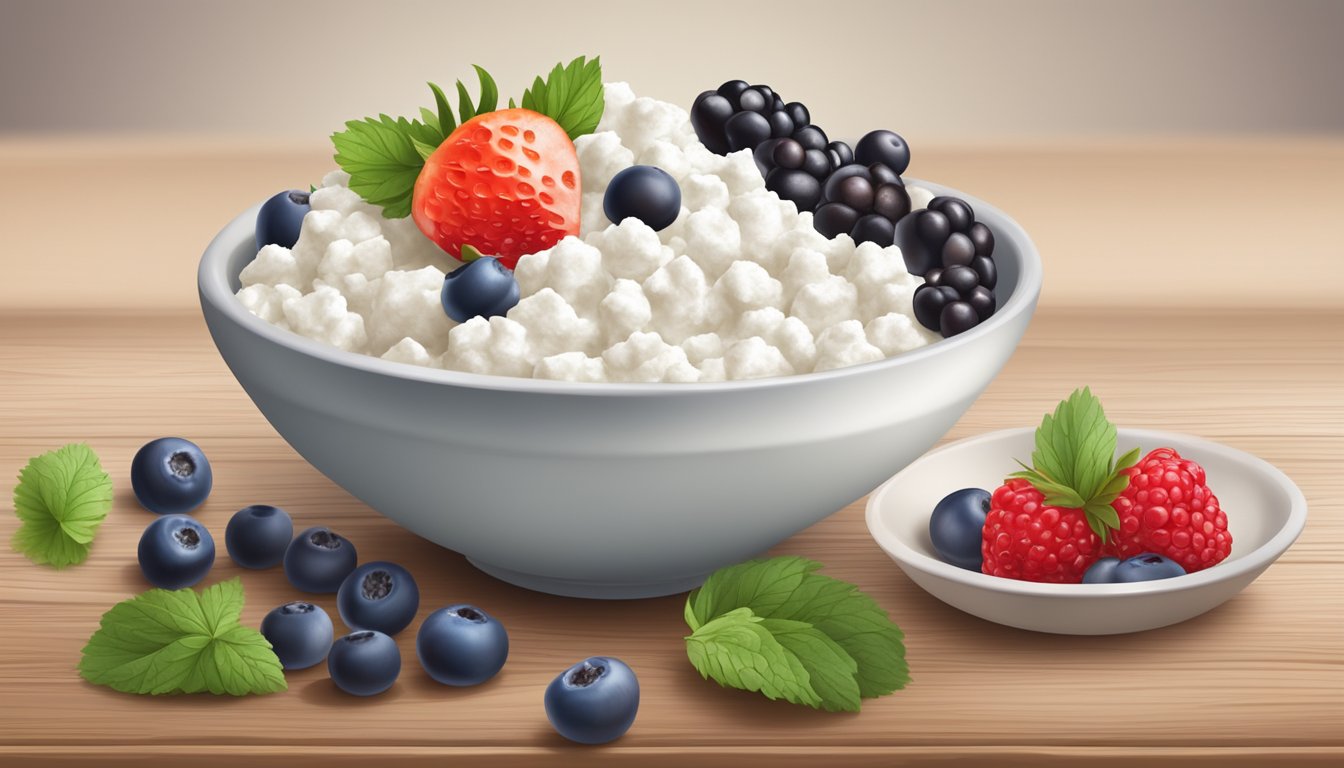 A bowl of cottage cheese topped with fresh and frozen berries on a wooden table