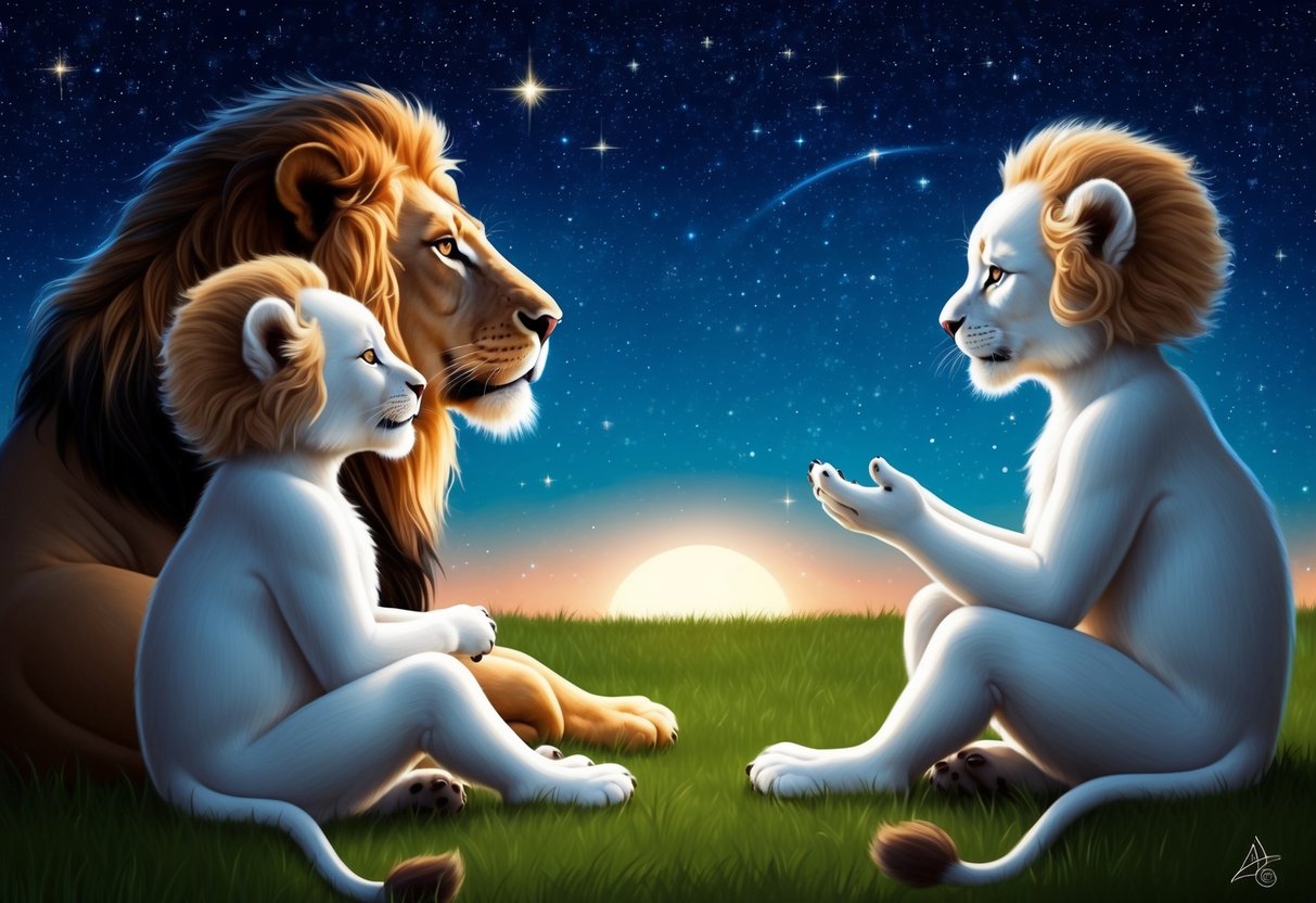 A lion and a set of twins sit under a starry sky, sharing a deep conversation, symbolizing the compatibility between Leo and Gemini