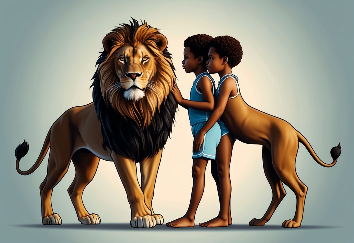 A lion and a pair of twins stand back to back, symbolizing the partnership between Leo and Gemini. The lion exudes confidence while the twins radiate curiosity and adaptability