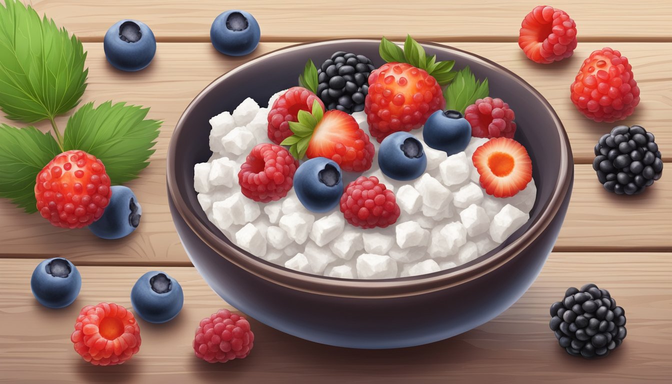 A bowl of cottage cheese with a variety of fresh and frozen berries arranged next to it on a wooden table