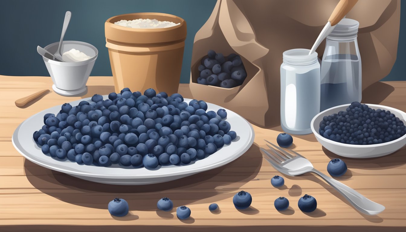 A table with a plate of fresh blueberries on one side and a bag of frozen blueberries on the other, surrounded by baking ingredients and utensils