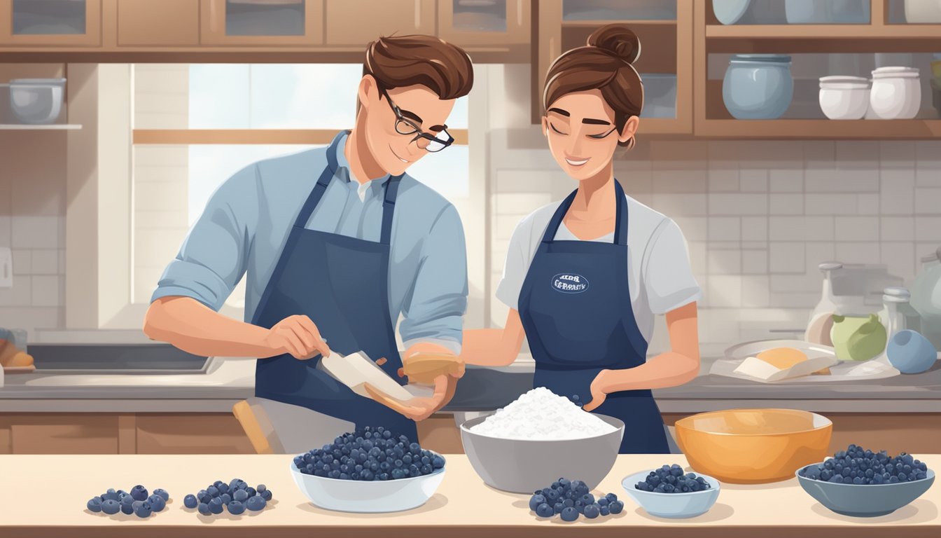 A baker comparing frozen and fresh blueberries for baking, with a mixing bowl, flour, and a recipe book on a kitchen counter