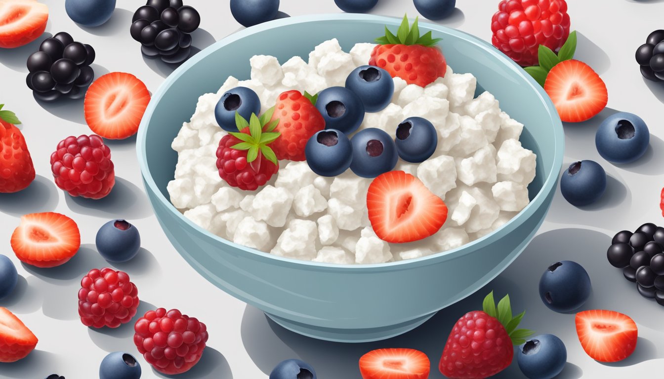 A bowl of cottage cheese surrounded by a variety of fresh and frozen berries, with a spoon resting on the side