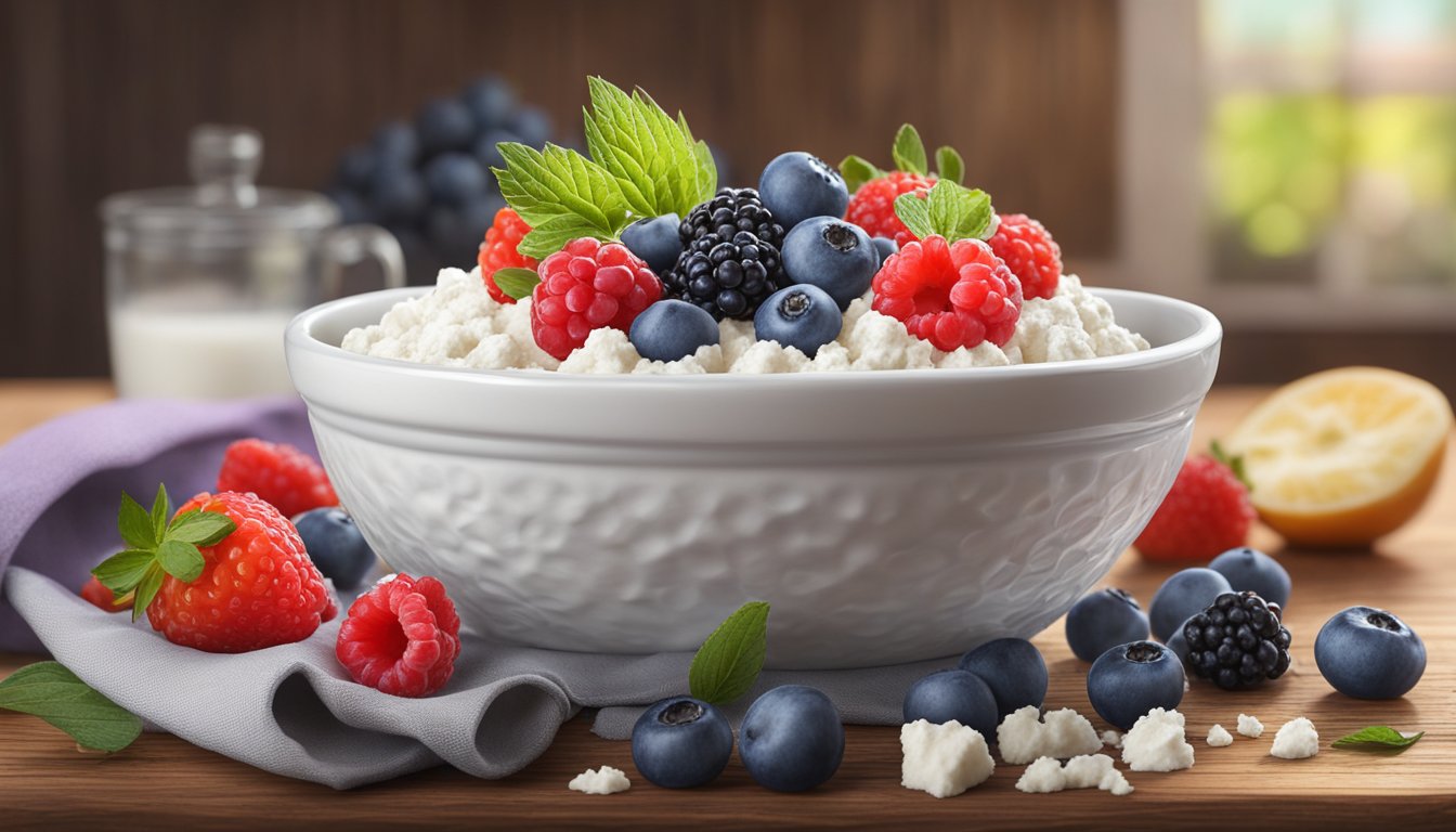 A bowl of cottage cheese sits on a rustic wooden table, surrounded by a variety of fresh and frozen berries. The vibrant colors of the berries contrast with the creamy white cottage cheese, creating a visually appealing and appetizing scene