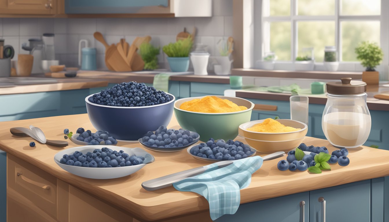 A kitchen scene with two bowls of blueberries, one frozen and one fresh, next to a mixing bowl and baking ingredients. A timer is set nearby