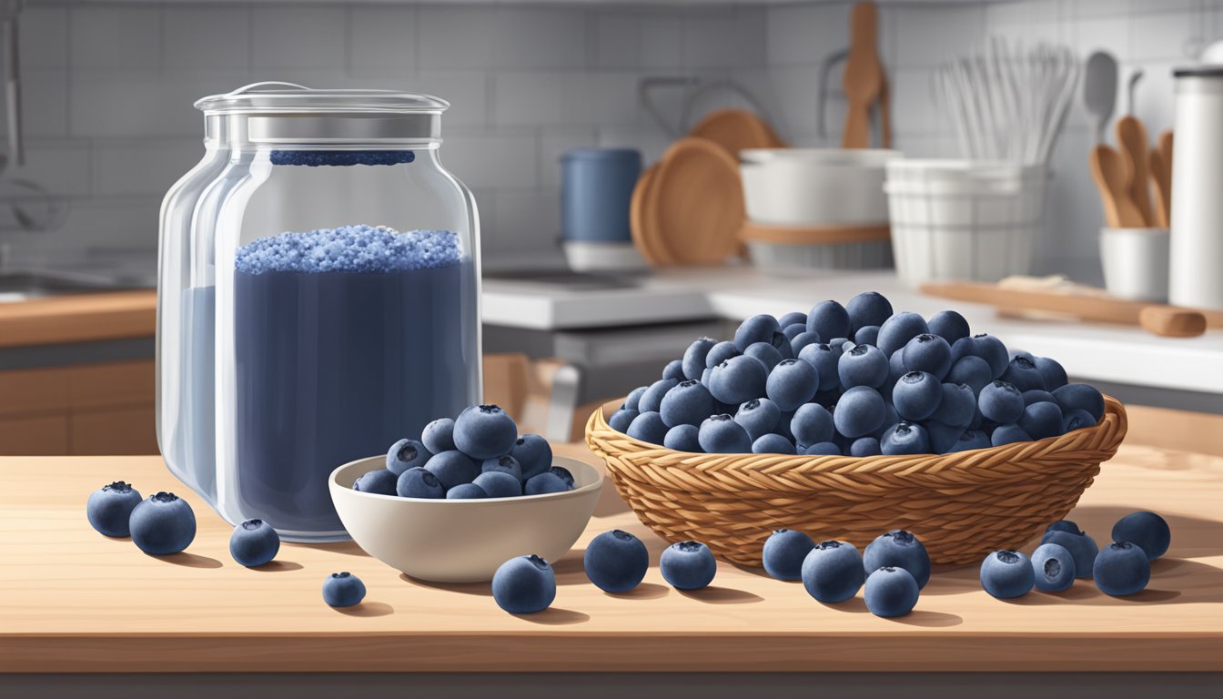 A kitchen counter with fresh blueberries spilling out of a basket, next to a bag of frozen blueberries. A mixing bowl and baking ingredients are nearby