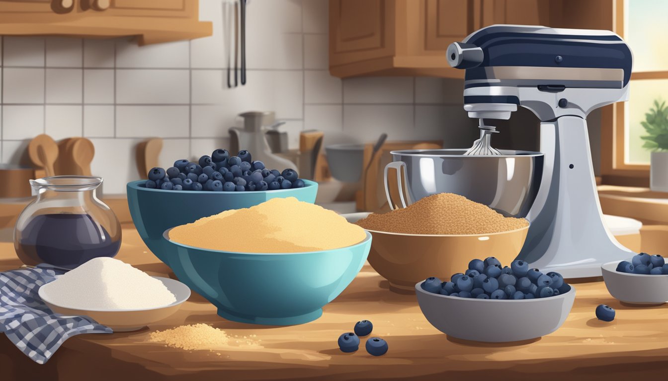 A kitchen scene with fresh and frozen blueberries next to a mixing bowl and baking ingredients, with a warm, inviting ambiance