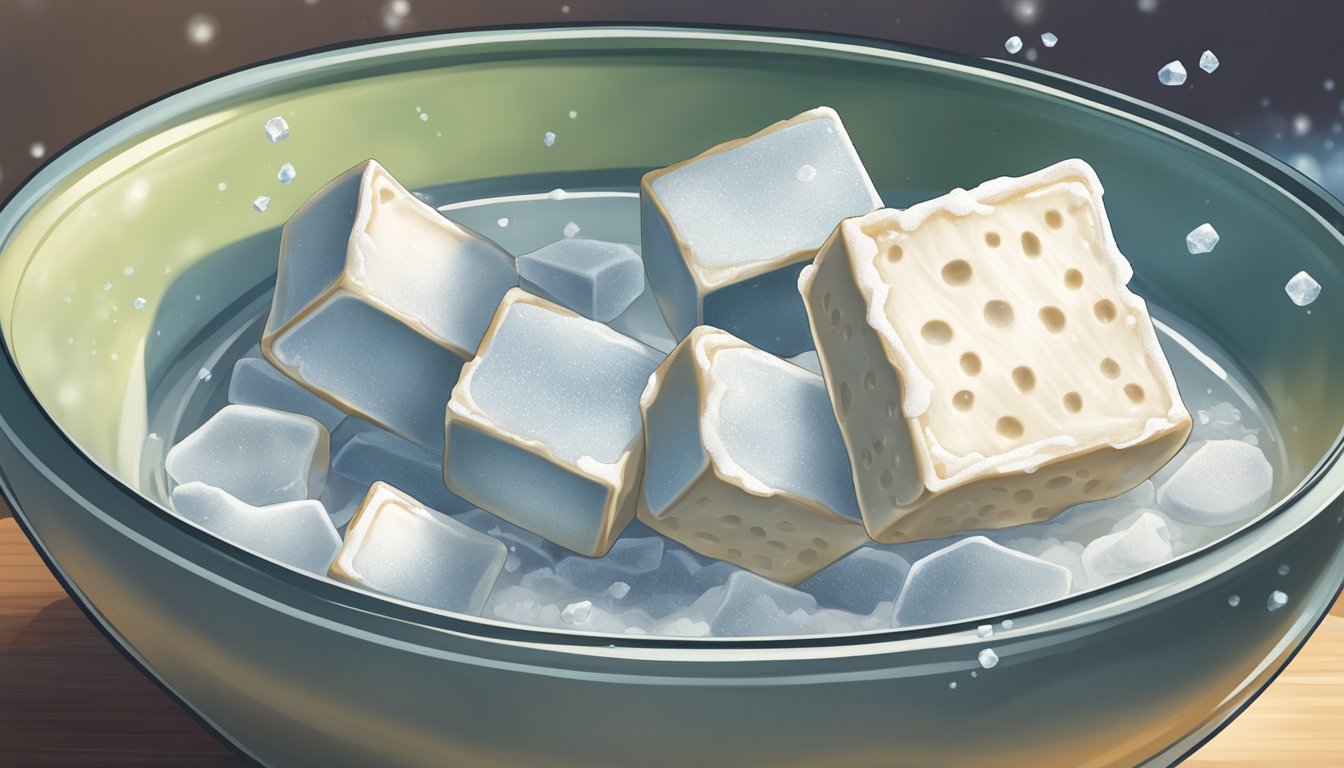 A block of frozen tofu sits in a bowl of warm water, gradually thawing and releasing icy crystals as it prepares to be transformed into a flavorful and textured ingredient