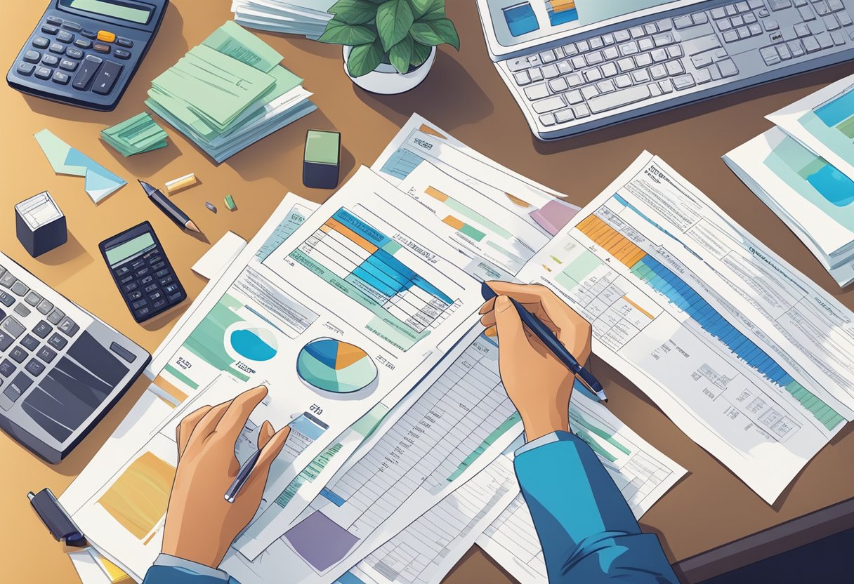 A person reviewing tax documents with a calculator and income statements spread out on a desk