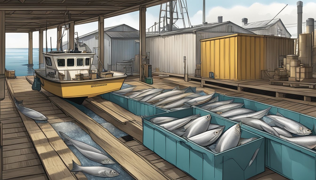 A fishing boat unloading fresh haddock at a dock, while a separate scene shows frozen haddock being packaged in a factory