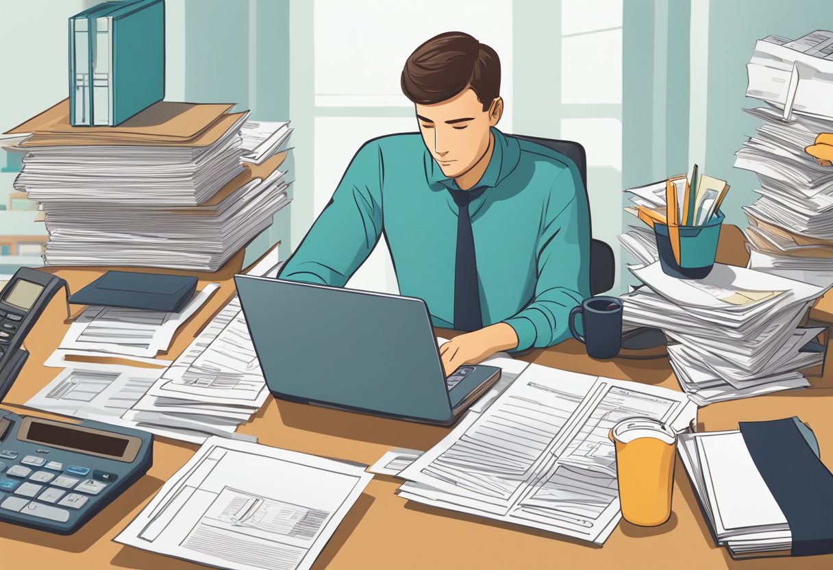 A person sitting at a desk surrounded by tax forms and documents, with a calculator and computer, contemplating the impact of direct-to-consumer sales on their income tax return