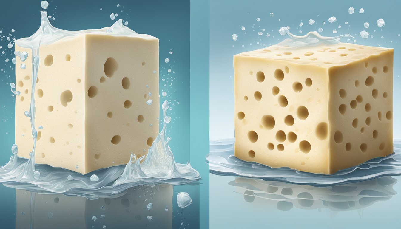 A block of frozen tofu thawing next to a block of fresh tofu, with water dripping off and the textures and colors of the two tofu blocks contrasting