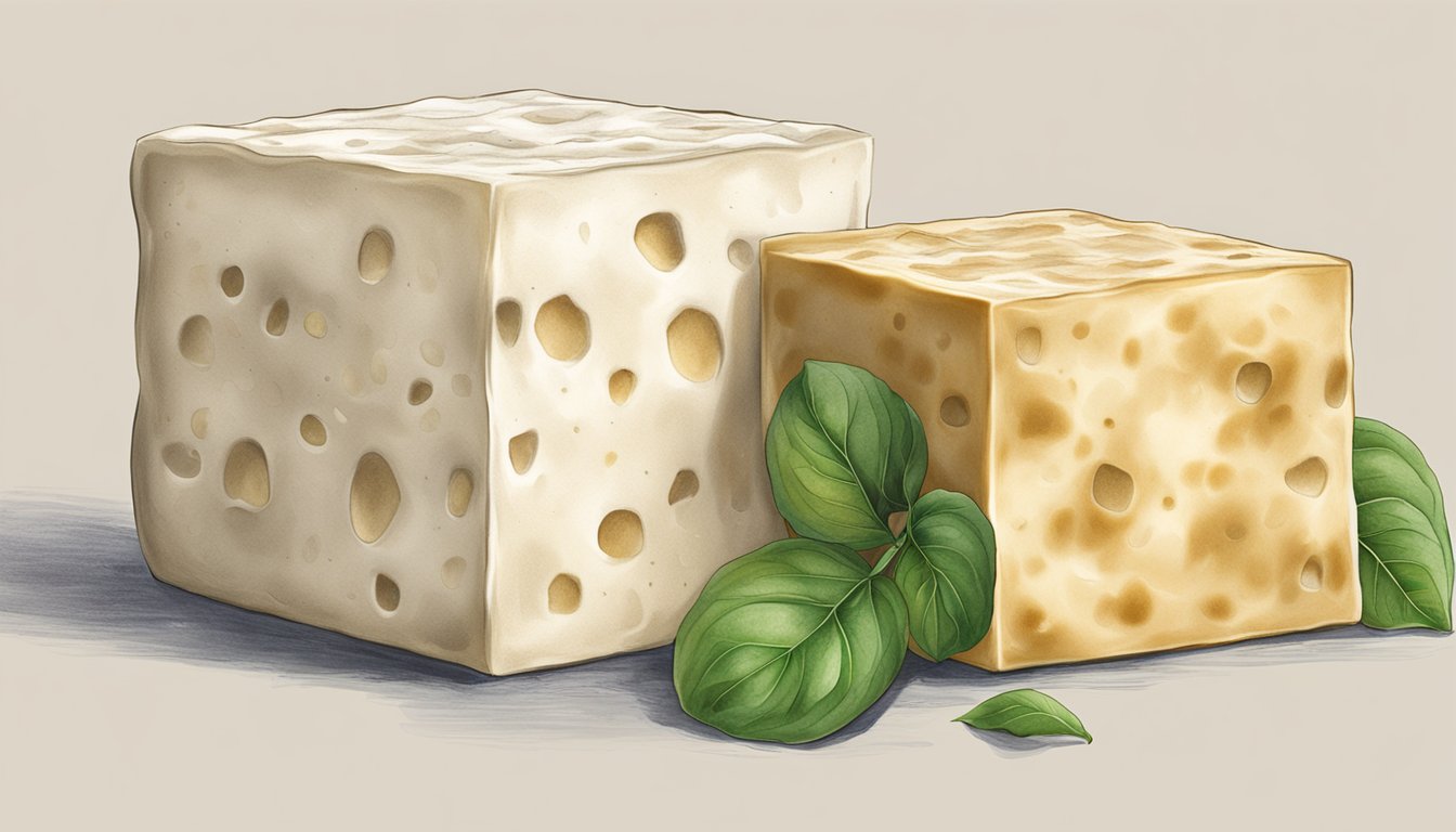 A block of frozen tofu next to a block of fresh tofu, with visible differences in texture and color