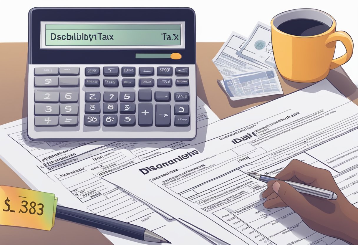 A person with a disability filling out an income tax form with the Disability Tax Credit (DTC) highlighted. A calculator and financial documents are spread out on a table