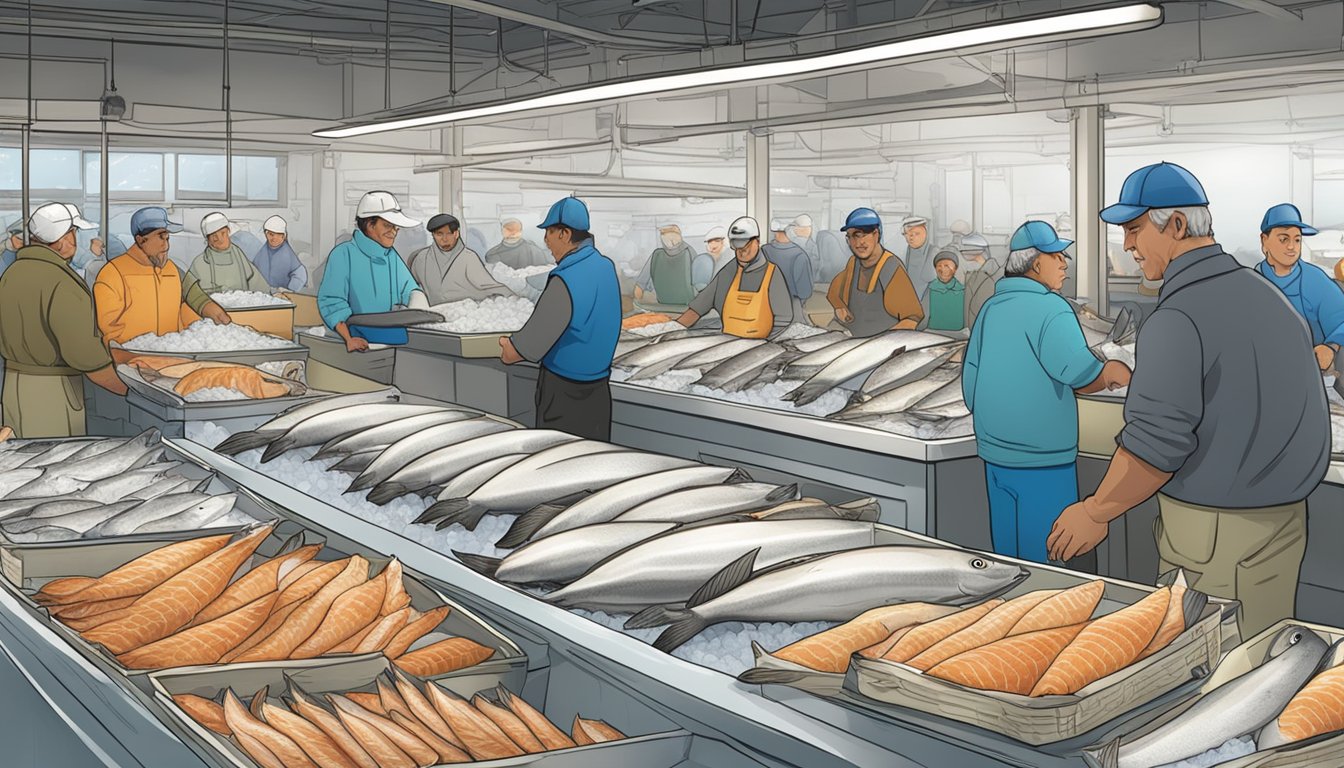 A bustling fish market with a display of fresh haddock on ice and a freezer section with packages of frozen haddock