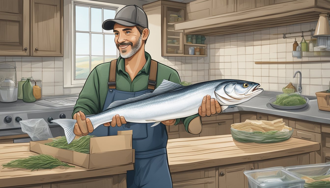 A fisherman holding a freshly caught haddock next to a package of frozen haddock, with a rustic kitchen in the background