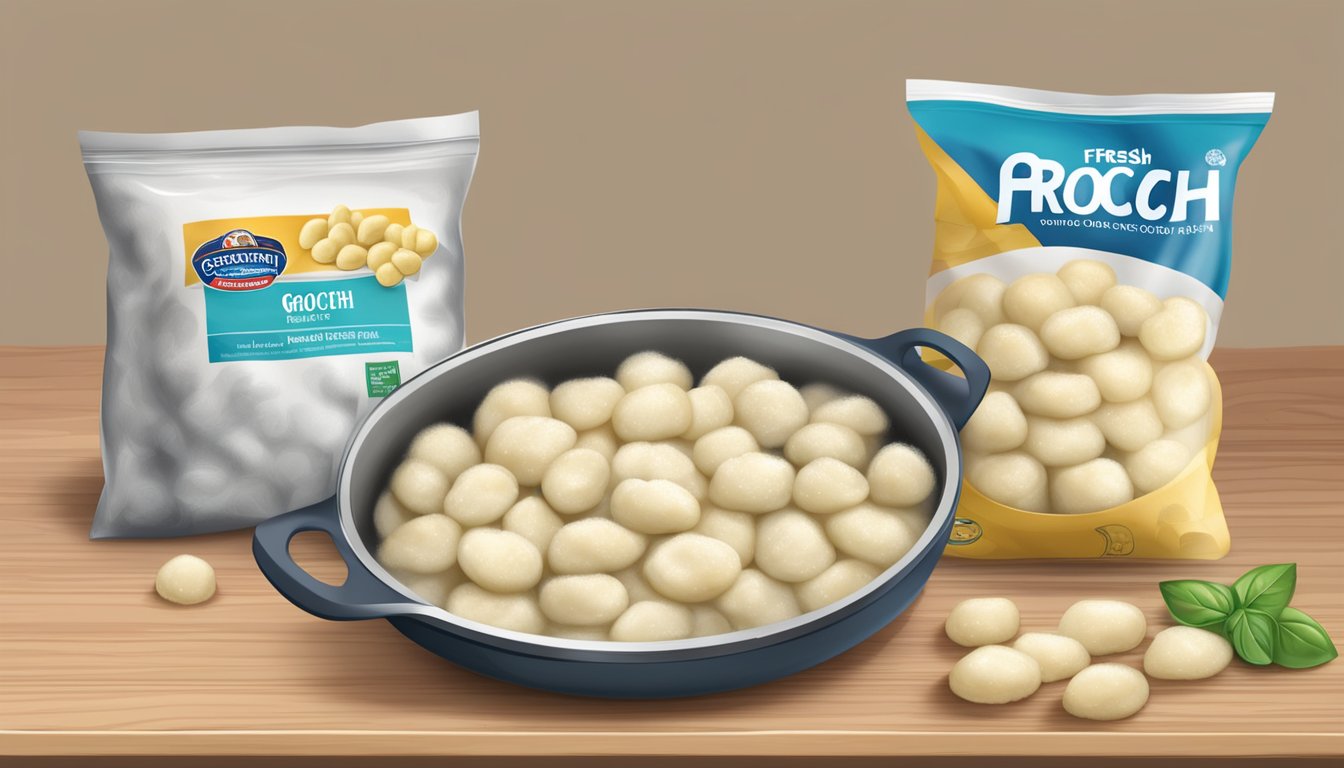 A steaming pot of fresh gnocchi sits next to a bag of frozen gnocchi. The fresh gnocchi is soft and tender, while the frozen gnocchi is firm and icy