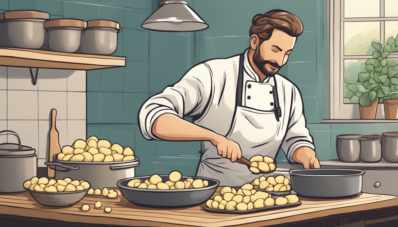 A chef boiling fresh and frozen gnocchi in separate pots, stirring with a wooden spoon. The fresh gnocchi appears soft and pillowy, while the frozen gnocchi seems denser and less tender