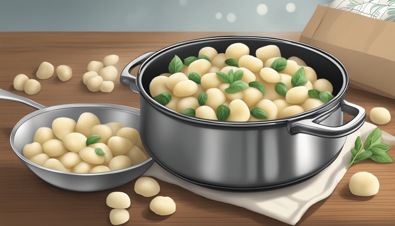 A steaming pot of fresh gnocchi next to a bag of frozen gnocchi, with a fork testing the texture of each