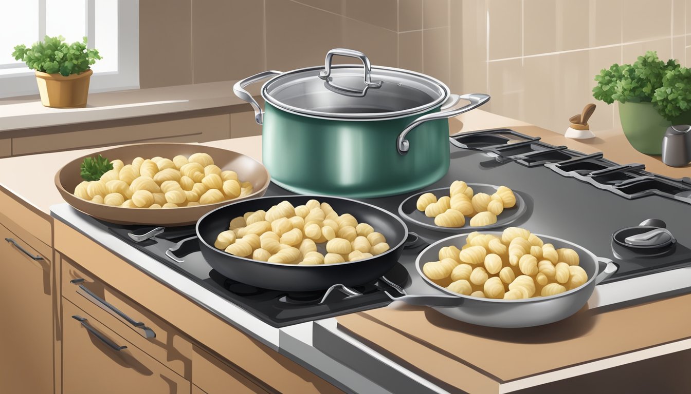 A kitchen counter with fresh and frozen gnocchi, a pot of boiling water, and a steaming plate of cooked gnocchi for comparison