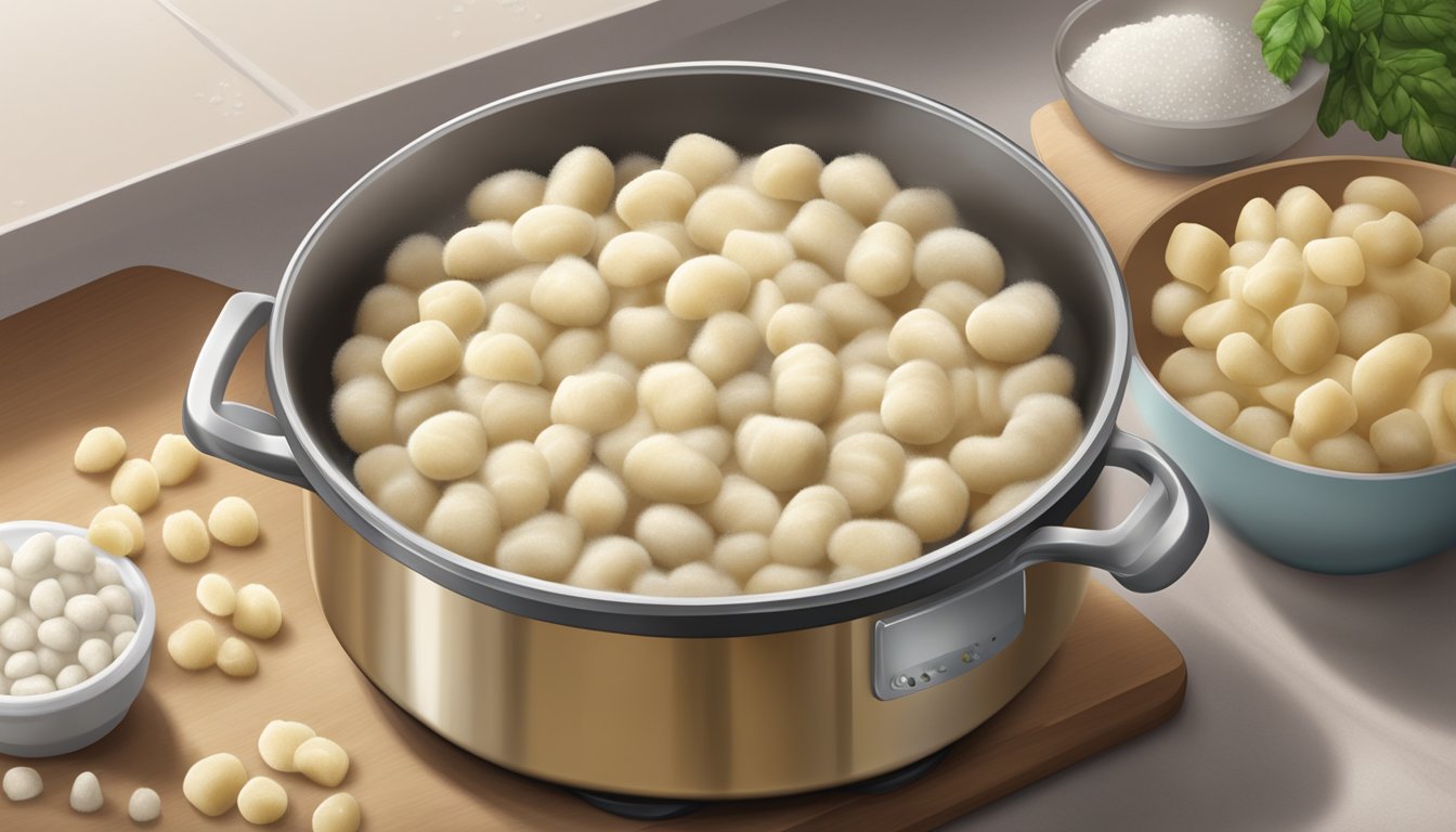 A steaming pot of fresh gnocchi next to a bag of frozen gnocchi. The fresh gnocchi is soft and fluffy, while the frozen gnocchi is firmer and more compact