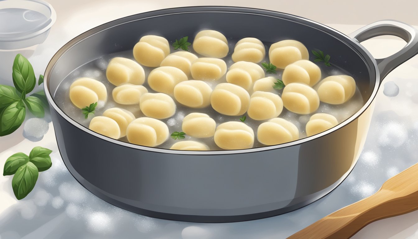 A plate of fresh and frozen gnocchi side by side, with a steaming pot of boiling water in the background. The fresh gnocchi appears soft and pillowy, while the frozen gnocchi looks slightly firmer and less plump