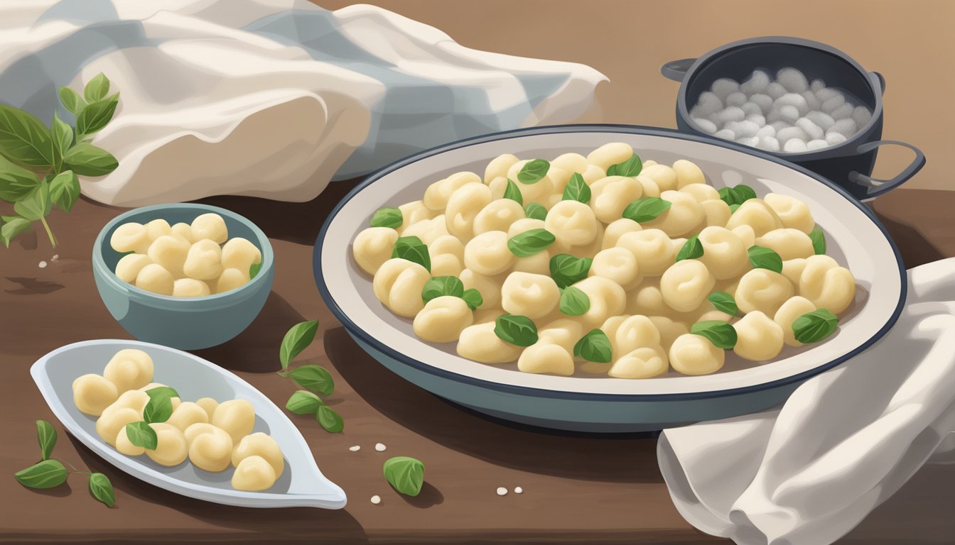 A steaming plate of fresh gnocchi sits next to a bag of frozen gnocchi. The fresh gnocchi is soft and pillowy, while the frozen gnocchi is firmer and less flavorful