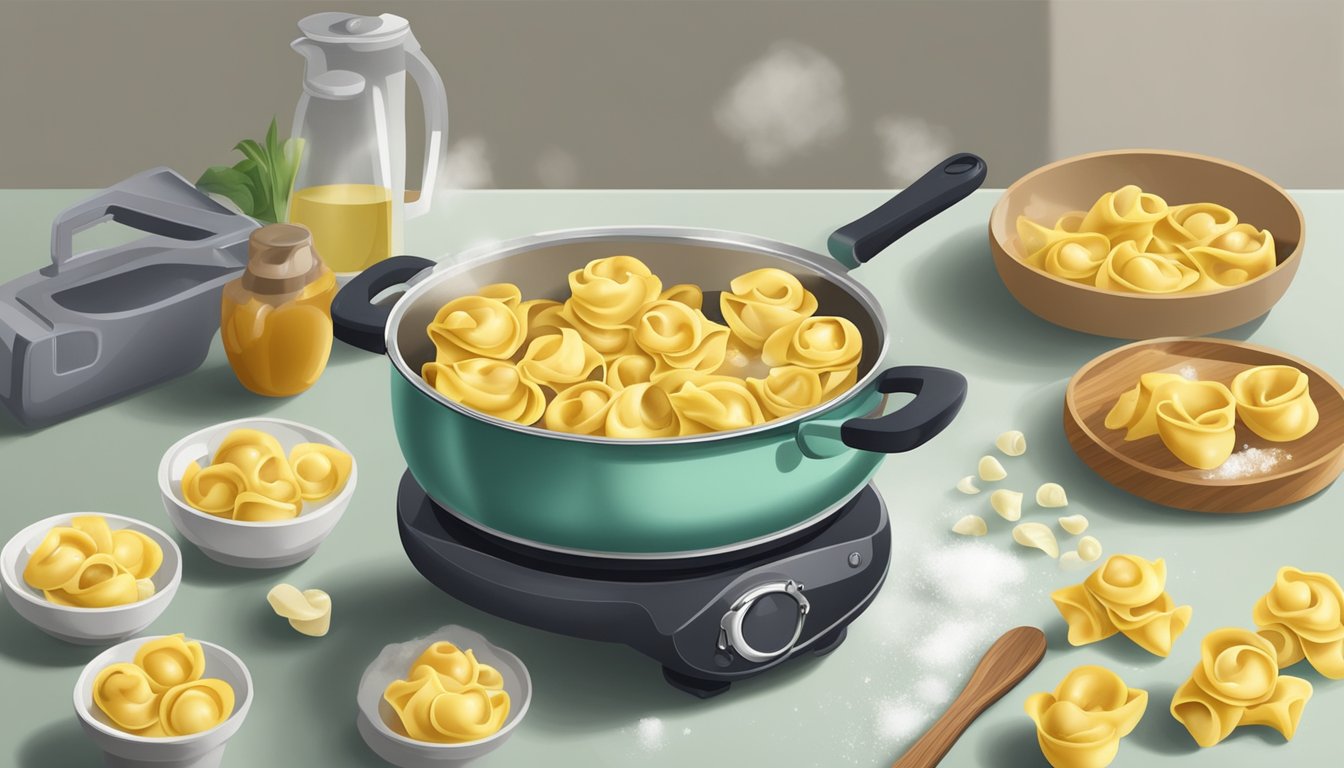 A steaming pot of fresh tortellini sits next to a bag of frozen tortellini on a kitchen counter, surrounded by scattered utensils and a cutting board