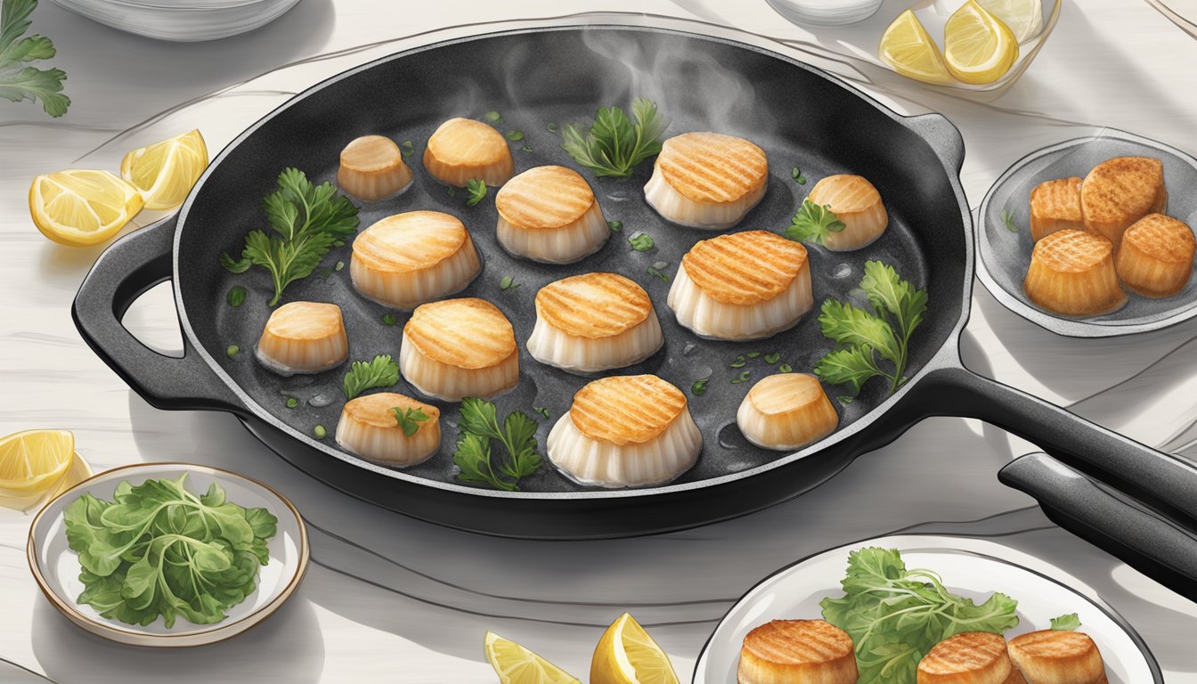 A sizzling skillet cooks fresh and frozen scallops side by side, showcasing the differences in quality, taste, and cooking performance