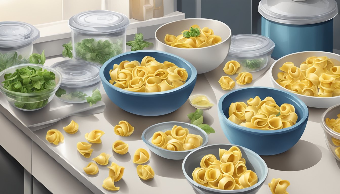 A kitchen counter with two bowls of tortellini - one fresh and one frozen, surrounded by various storage containers and packaging