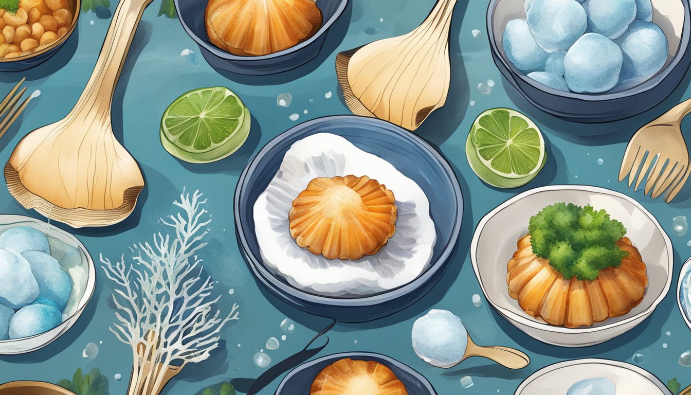 A fresh scallop and a frozen scallop side by side, surrounded by vibrant ocean colors and various cooking utensils