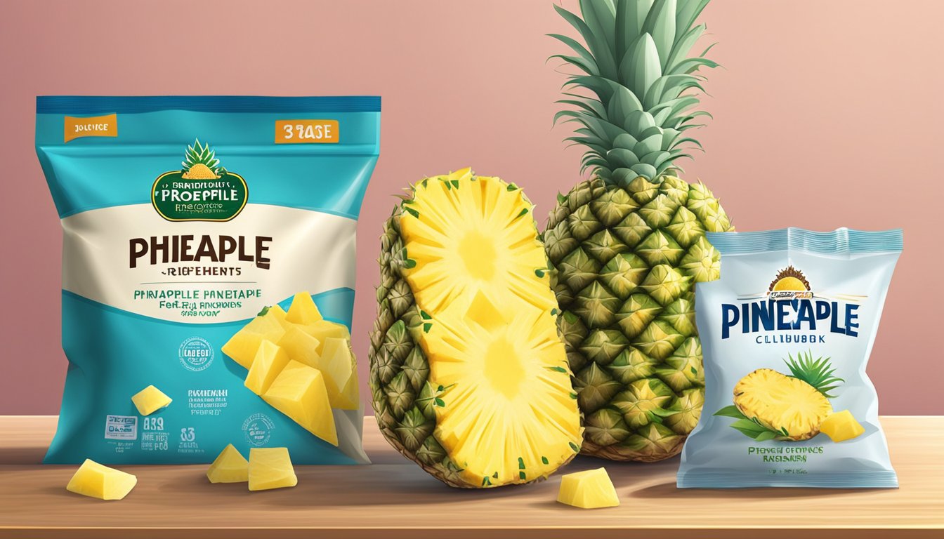 A ripe, whole pineapple sits on a kitchen counter next to a bag of frozen pineapple chunks. The fresh pineapple is vibrant and juicy, while the frozen chunks are neatly packaged and ready to use