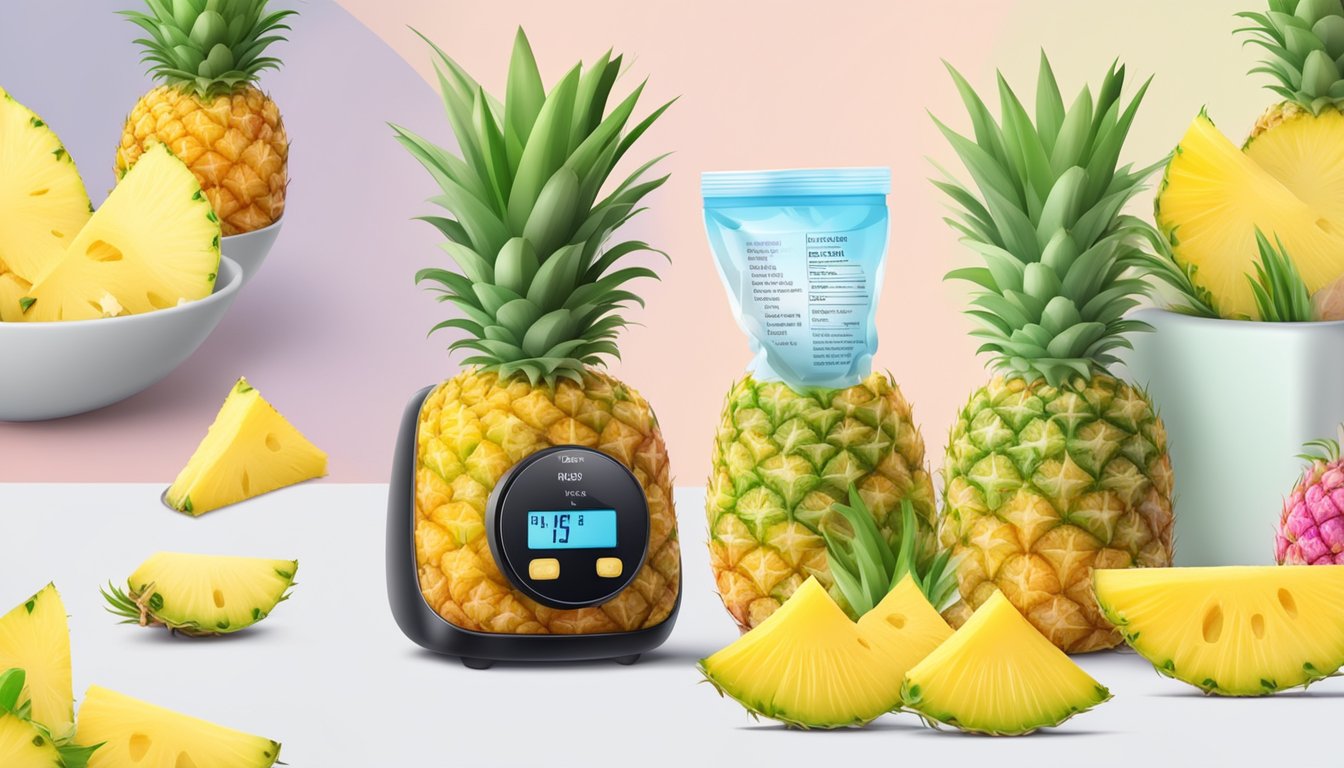 A colorful display of fresh and frozen pineapple chunks, surrounded by nutritional information and a timer for convenience