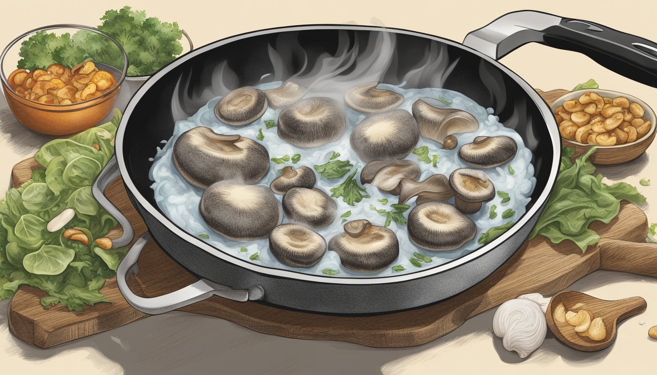 Sizzling mushrooms in a hot pan, fresh ones releasing moisture while frozen ones remain firm. A chef adds them to a simmering sauce and a salad, highlighting their different textures and flavors