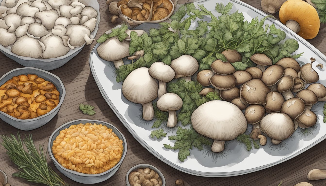 Two plates of mushrooms, one fresh and one frozen, sit side by side. The fresh mushrooms are plump and vibrant, while the frozen ones appear slightly shriveled. Both are surrounded by assorted herbs and spices