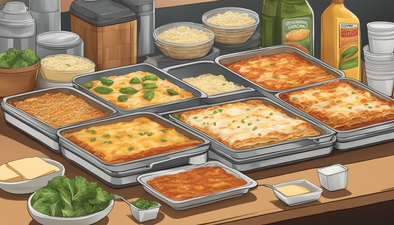 A steaming hot tray of Costco's fresh and frozen lasagna sit side by side, surrounded by a variety of ingredients and a detailed nutritional profile